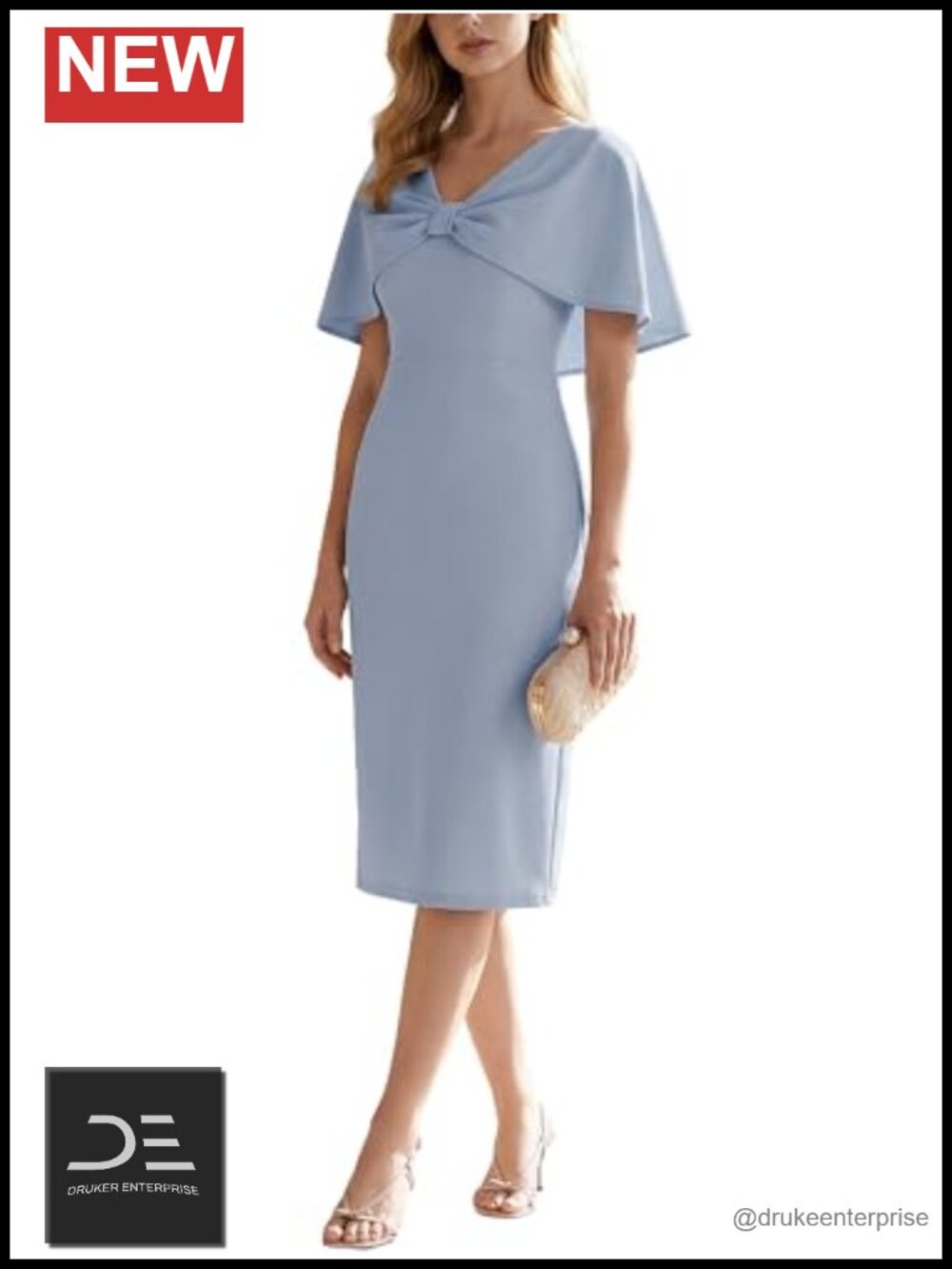 V-Neck Cape Sleeve Midi Cocktail Wedding Guest Dress Stretchy Crepe